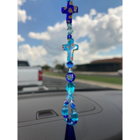 Beaded Suncatcher Rearview Mirror Ornament Cross Blue Crystal Prism Car Charm - Picture 3 of 9